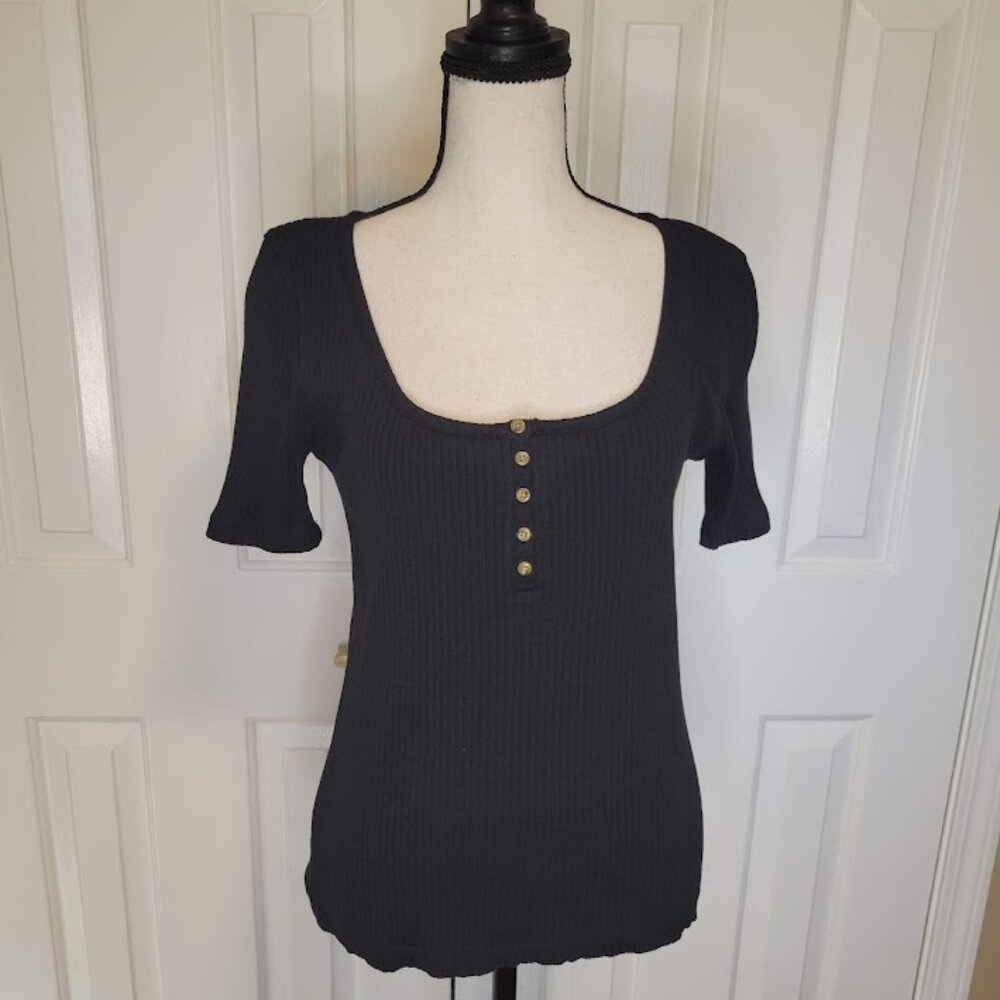 J.Crew Ribbed Button Scoop Neck Henley Top Black Size S